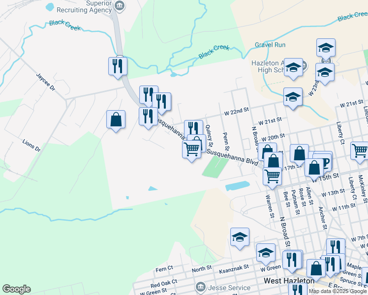 map of restaurants, bars, coffee shops, grocery stores, and more near 100 Weis Lane in Hazleton