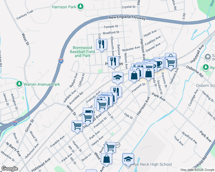 map of restaurants, bars, coffee shops, grocery stores, and more near 11-15 Briga Circle in Harrison