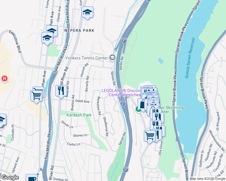 map of restaurants, bars, coffee shops, grocery stores, and more near 419 Sprain Road in Yonkers