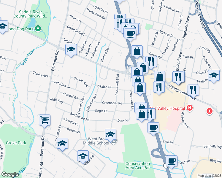map of restaurants, bars, coffee shops, grocery stores, and more near 99 Azalea Street in Paramus