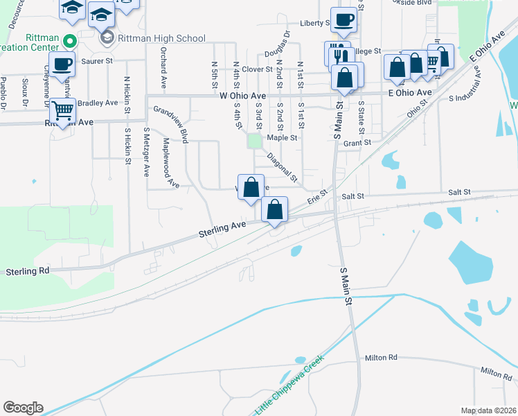 map of restaurants, bars, coffee shops, grocery stores, and more near 116 West Hill Avenue in Rittman