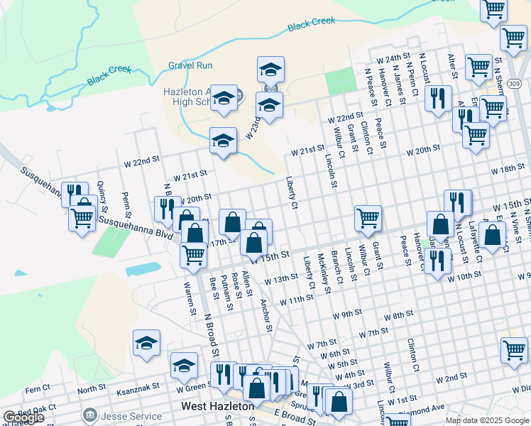 map of restaurants, bars, coffee shops, grocery stores, and more near 884 State Court in Luzerne County
