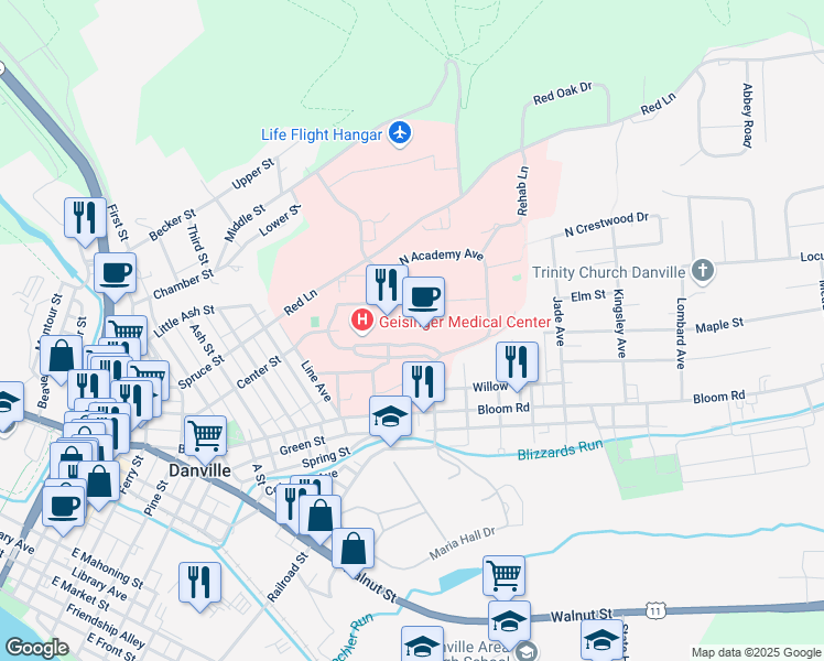 map of restaurants, bars, coffee shops, grocery stores, and more near in Danville