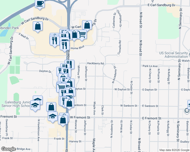 map of restaurants, bars, coffee shops, grocery stores, and more near 1601 Maple Avenue in Galesburg