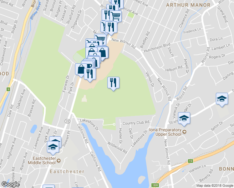 map of restaurants, bars, coffee shops, grocery stores, and more near 660 Post Road in Scarsdale