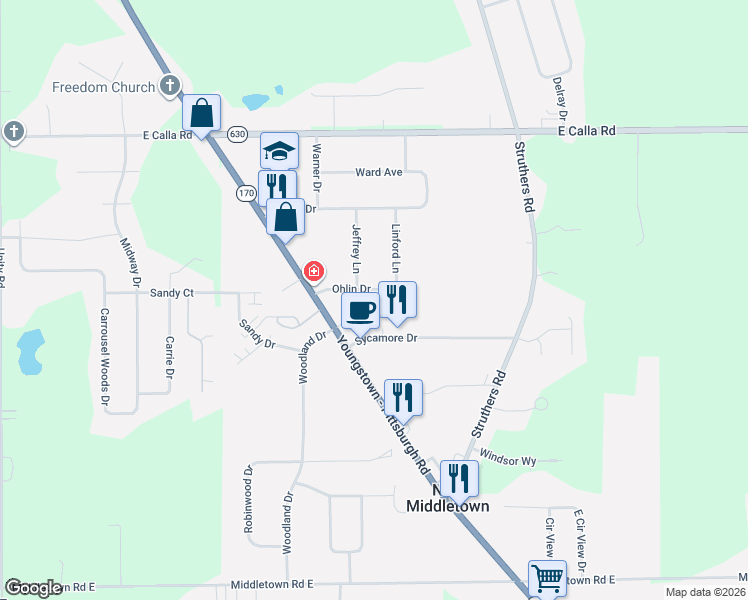 map of restaurants, bars, coffee shops, grocery stores, and more near 77 Ohlin Drive in New Middletown