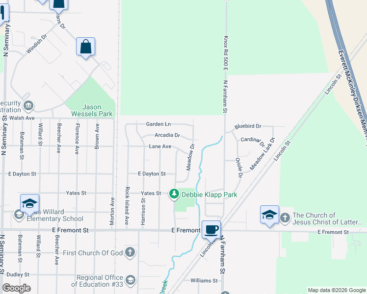 map of restaurants, bars, coffee shops, grocery stores, and more near 1100-1482 Arcadia Drive in Galesburg