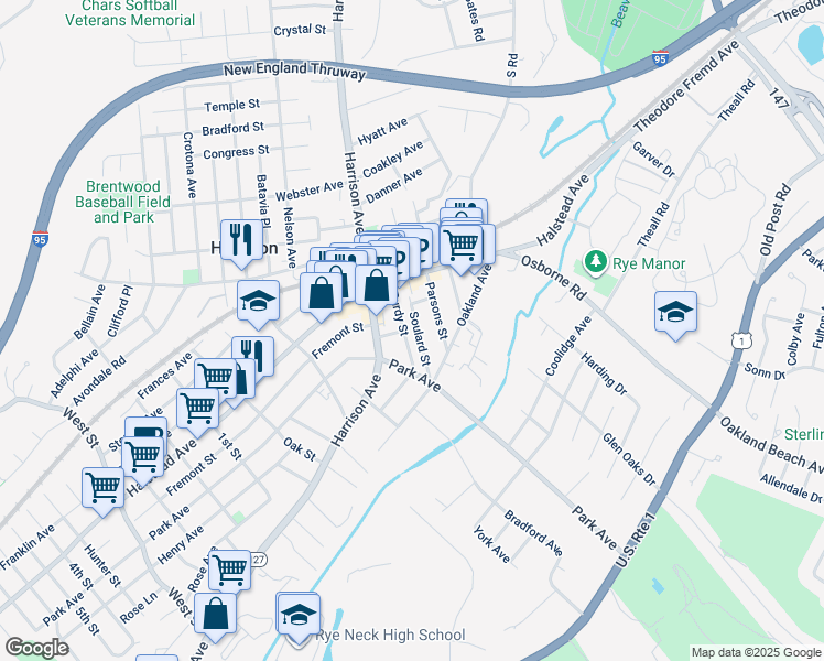 map of restaurants, bars, coffee shops, grocery stores, and more near 27 Purdy Street in Harrison