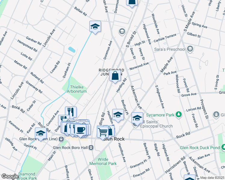 map of restaurants, bars, coffee shops, grocery stores, and more near 566 South Broad Street in Glen Rock