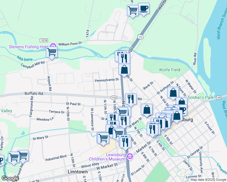 map of restaurants, bars, coffee shops, grocery stores, and more near 501 Matlack Avenue in Lewisburg
