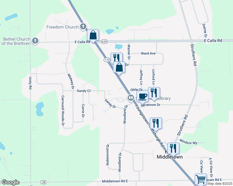 map of restaurants, bars, coffee shops, grocery stores, and more near 33 Sandy Court in New Middletown