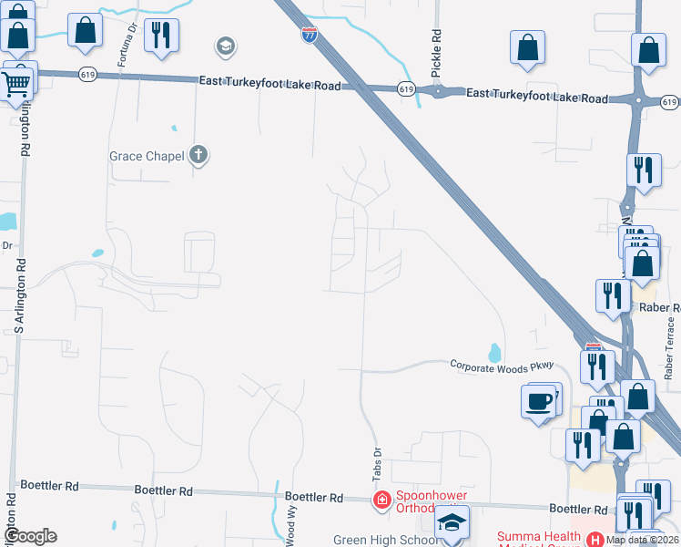 map of restaurants, bars, coffee shops, grocery stores, and more near 3395 Molly Drive in Akron