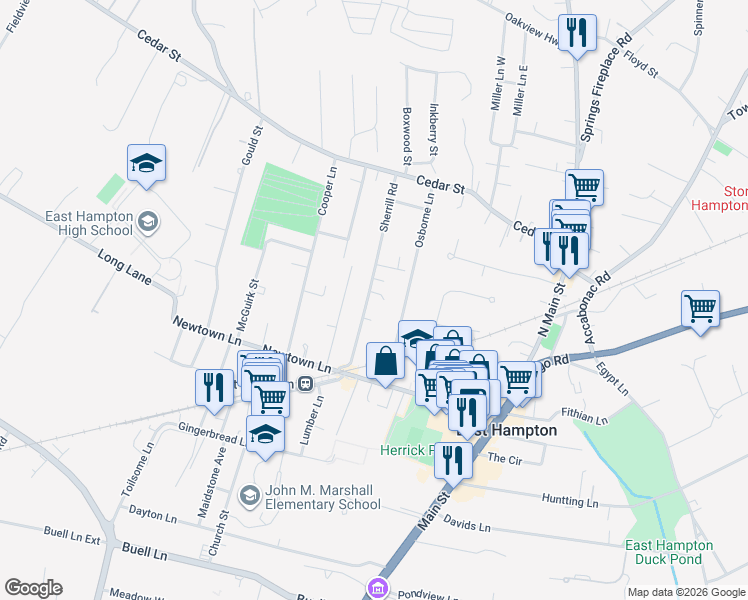 map of restaurants, bars, coffee shops, grocery stores, and more near 46 Sherrill Road in East Hampton