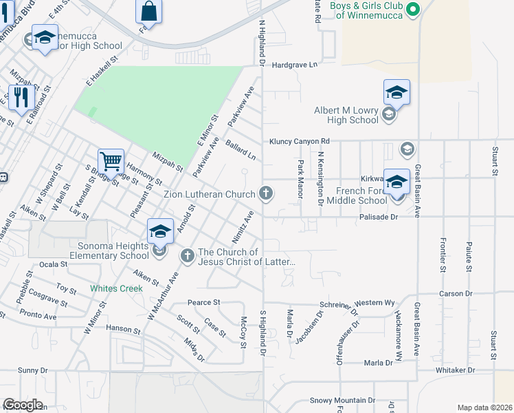 map of restaurants, bars, coffee shops, grocery stores, and more near 1855 Mizpah Street in Winnemucca