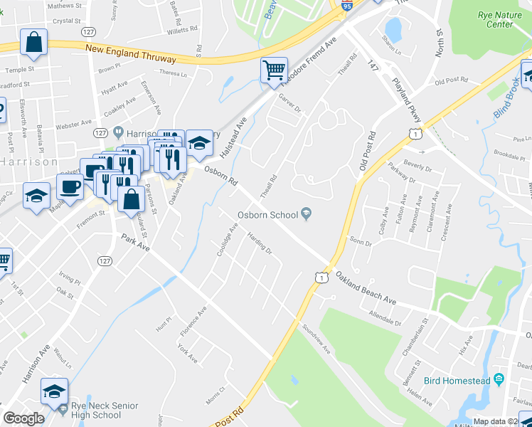 map of restaurants, bars, coffee shops, grocery stores, and more near 101 Osborne Road in Rye