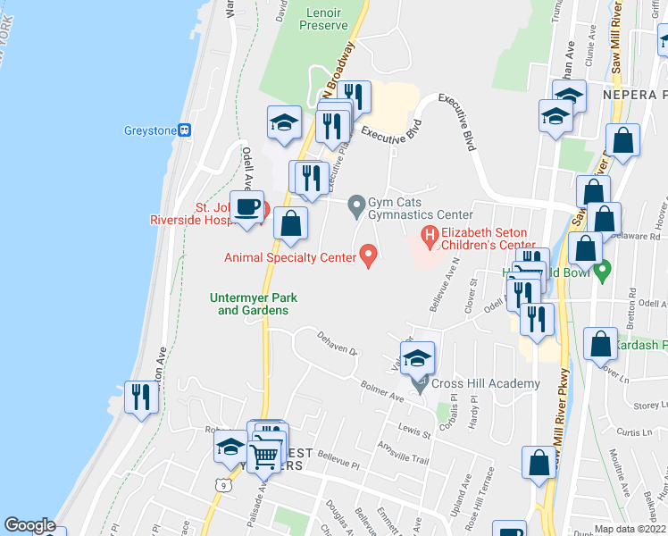 map of restaurants, bars, coffee shops, grocery stores, and more near 7 Odell Plaza in Yonkers