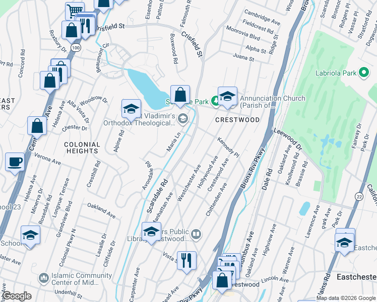 map of restaurants, bars, coffee shops, grocery stores, and more near 516 Scarsdale Road in Yonkers