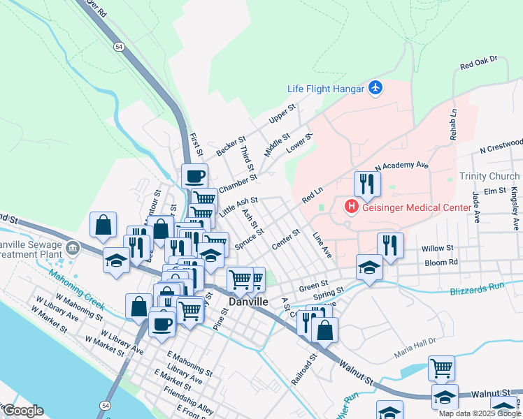 map of restaurants, bars, coffee shops, grocery stores, and more near 1261 Vine Street in Danville