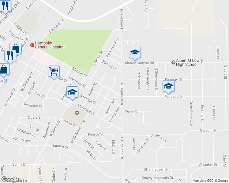 map of restaurants, bars, coffee shops, grocery stores, and more near 1855 Mizpah Street in Winnemucca