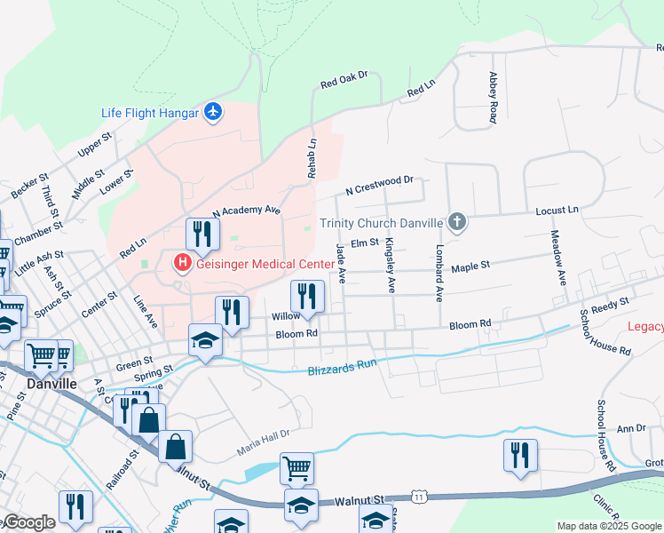 map of restaurants, bars, coffee shops, grocery stores, and more near 7 Maple Street in Danville