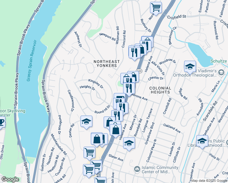 map of restaurants, bars, coffee shops, grocery stores, and more near 2013 Central Park Avenue in Yonkers