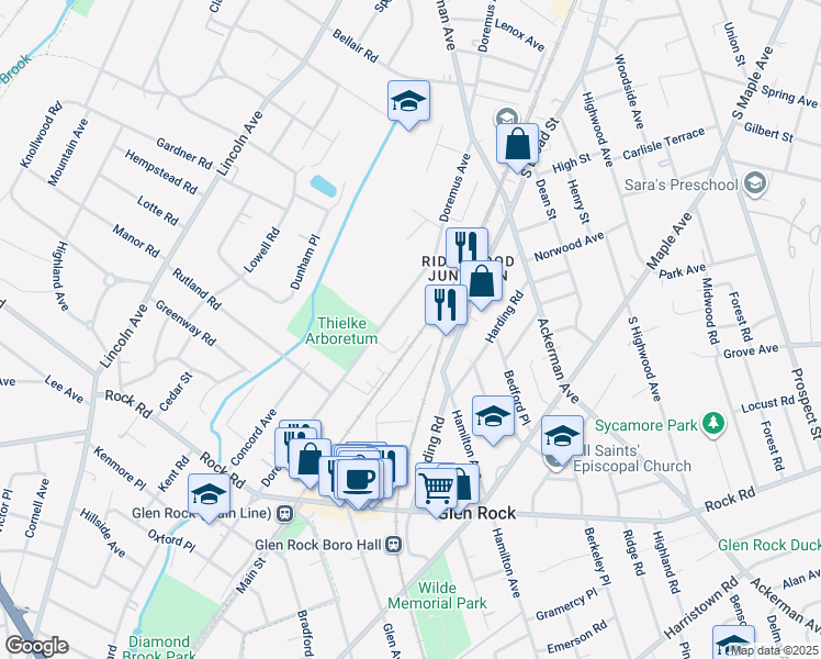 map of restaurants, bars, coffee shops, grocery stores, and more near 2 Daryl Court in Glen Rock
