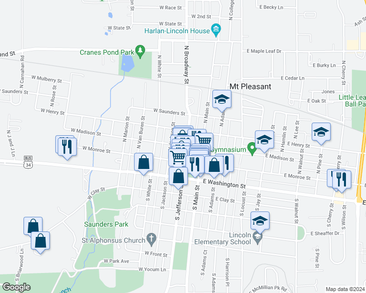 map of restaurants, bars, coffee shops, grocery stores, and more near 200-262 North Jefferson Street in Mount Pleasant
