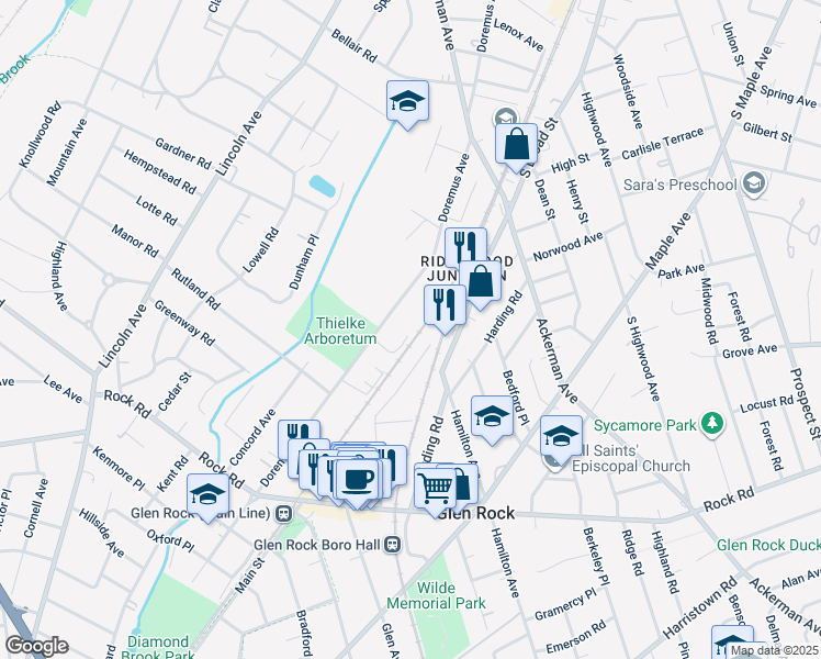 map of restaurants, bars, coffee shops, grocery stores, and more near 2 Daryl Court in Glen Rock