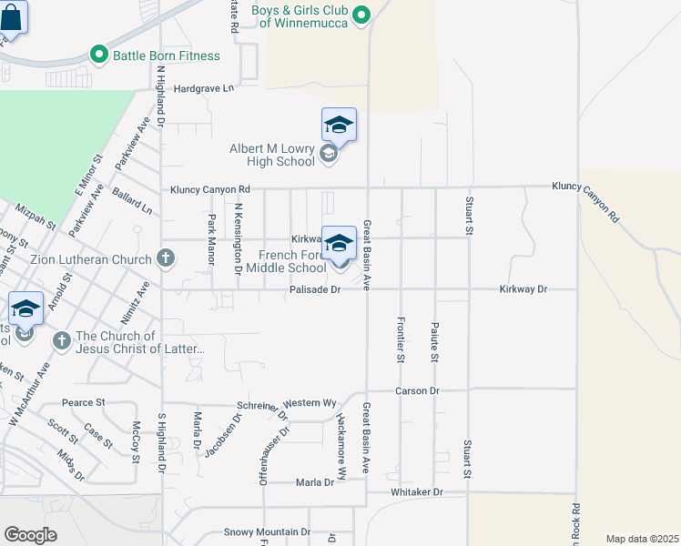 map of restaurants, bars, coffee shops, grocery stores, and more near 5495 Palisade Drive in Winnemucca