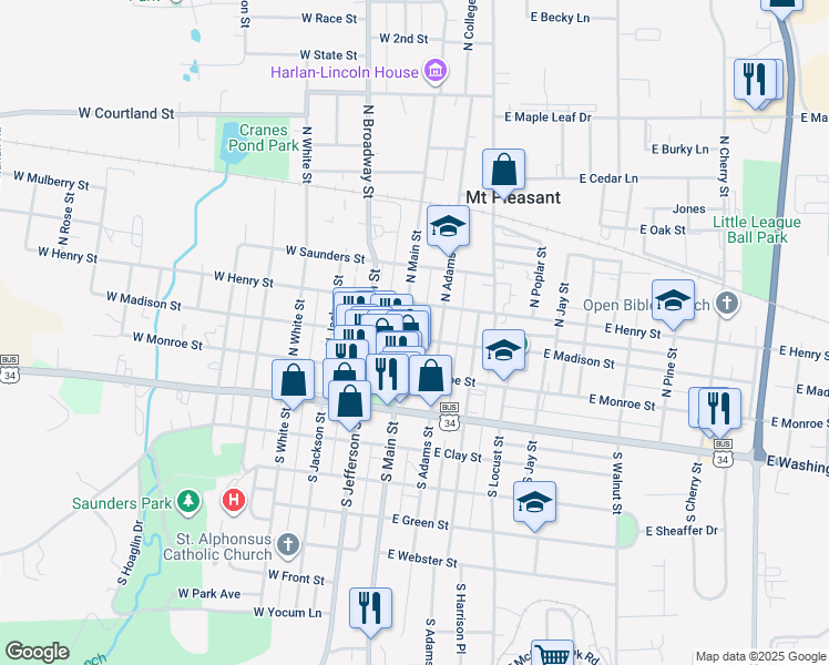 map of restaurants, bars, coffee shops, grocery stores, and more near 200 North Main Street in Mount Pleasant