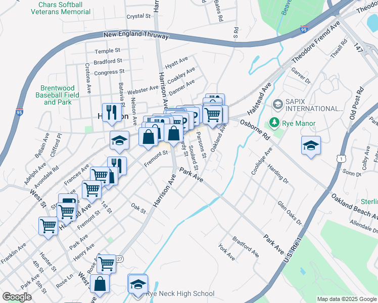 map of restaurants, bars, coffee shops, grocery stores, and more near 27 Purdy Street in Harrison