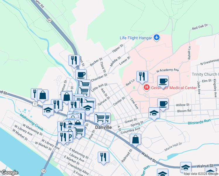 map of restaurants, bars, coffee shops, grocery stores, and more near Little Ash St in Danville