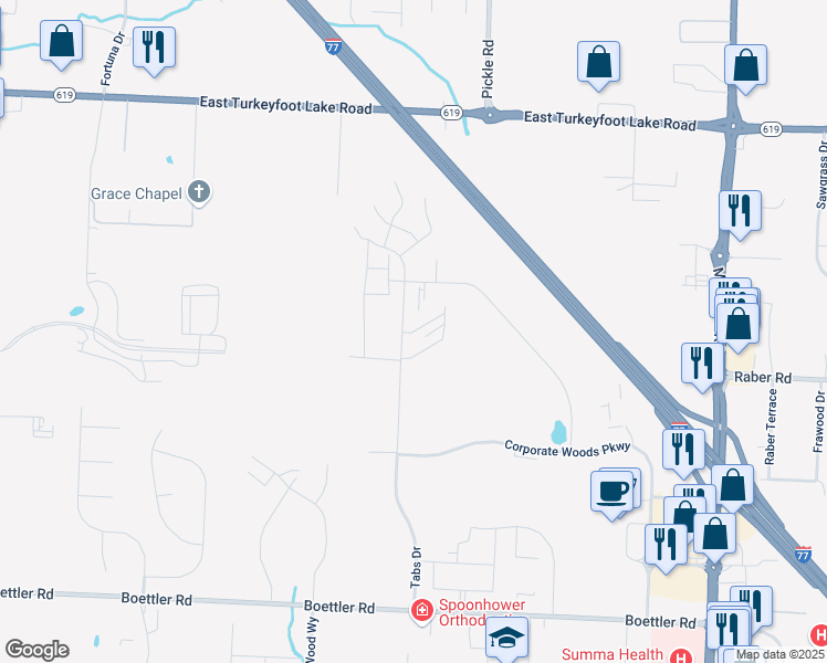 map of restaurants, bars, coffee shops, grocery stores, and more near Maple Grove Lane in Green