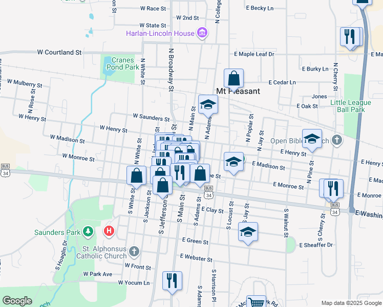 map of restaurants, bars, coffee shops, grocery stores, and more near 200 North Main Street in Mount Pleasant
