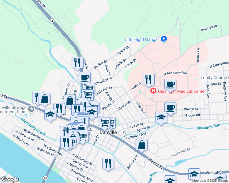 map of restaurants, bars, coffee shops, grocery stores, and more near 1261 Vine Street in Danville