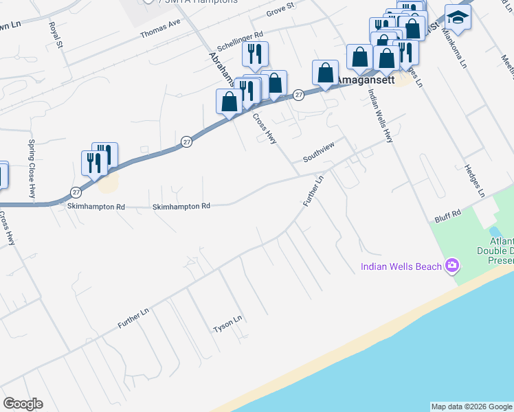 map of restaurants, bars, coffee shops, grocery stores, and more near 170 Skimhampton Road in East Hampton