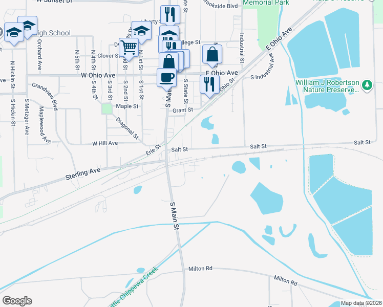 map of restaurants, bars, coffee shops, grocery stores, and more near 50 Salt Street in Rittman