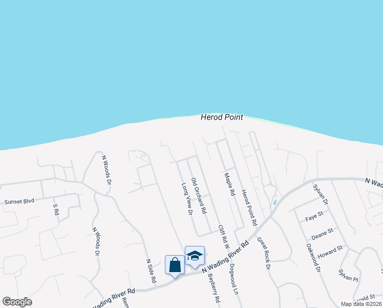 map of restaurants, bars, coffee shops, grocery stores, and more near 209 Cliff Road West in Wading River