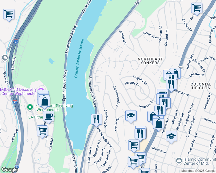 map of restaurants, bars, coffee shops, grocery stores, and more near 119 Candlewood Drive in Yonkers