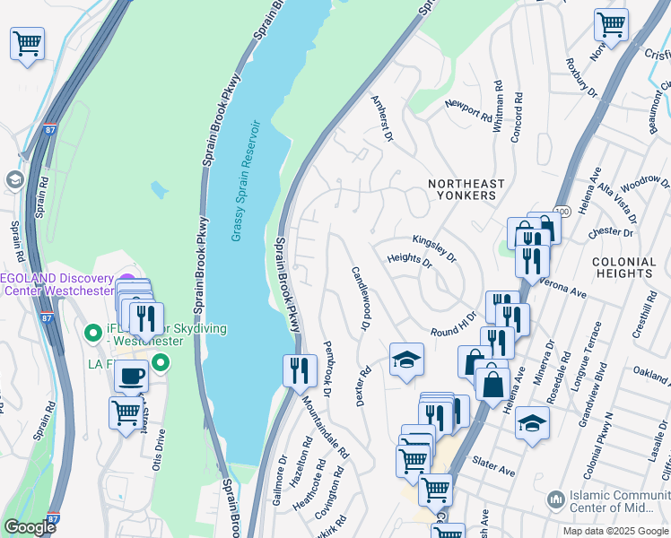 map of restaurants, bars, coffee shops, grocery stores, and more near 119 Candlewood Drive in Yonkers