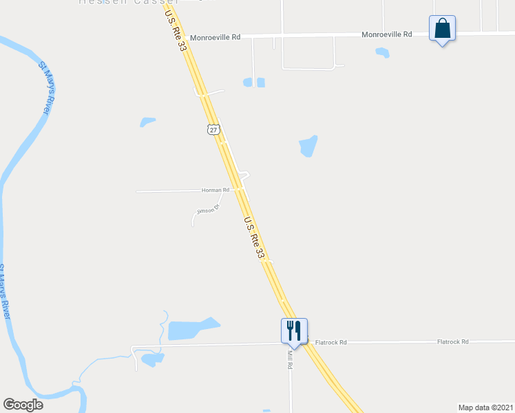 map of restaurants, bars, coffee shops, grocery stores, and more near 12717 U.S. 27 in Fort Wayne