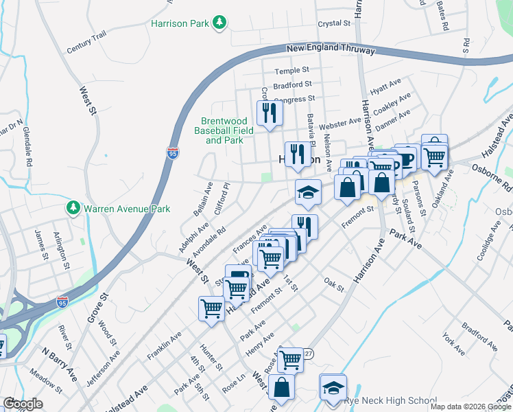 map of restaurants, bars, coffee shops, grocery stores, and more near 37 Avondale Road in Harrison