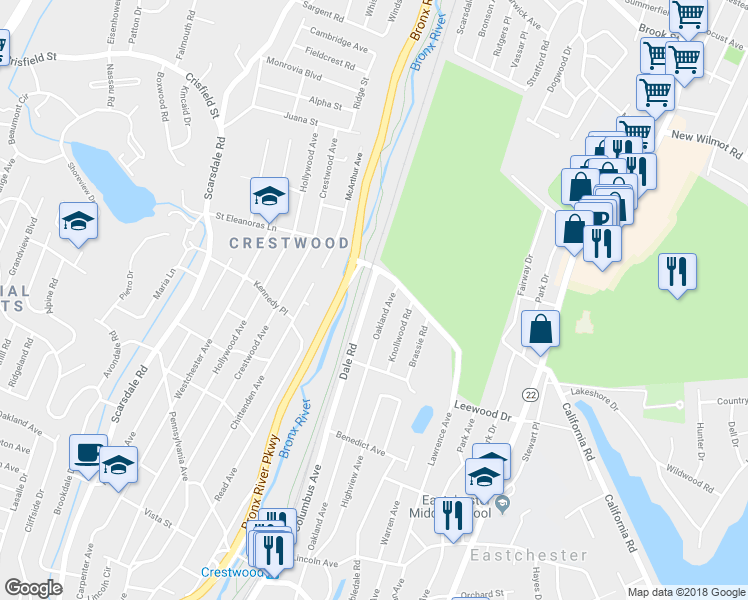 map of restaurants, bars, coffee shops, grocery stores, and more near 72 Dale Road in Eastchester