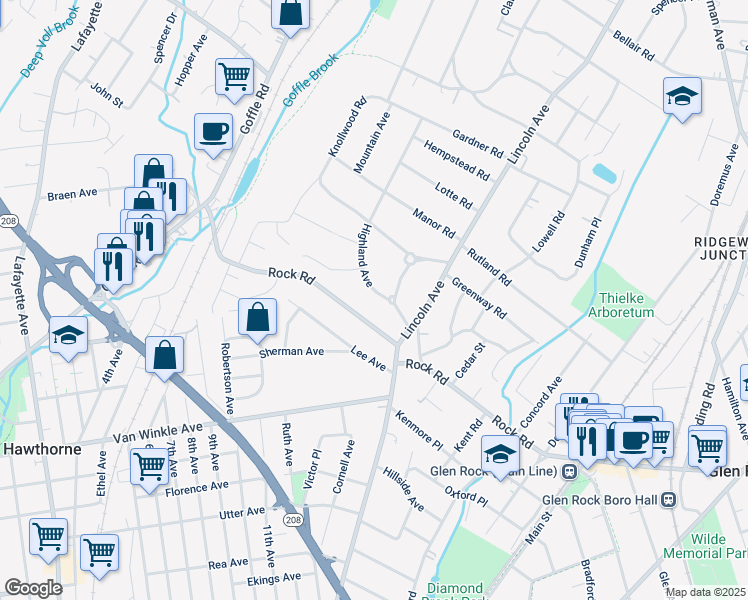 map of restaurants, bars, coffee shops, grocery stores, and more near 566 Highland Avenue in Ridgewood