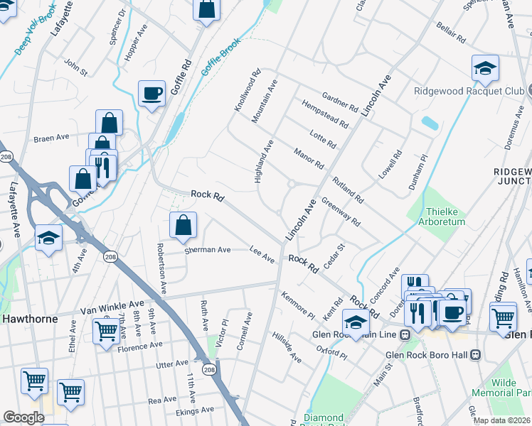 map of restaurants, bars, coffee shops, grocery stores, and more near 566 Highland Avenue in Ridgewood