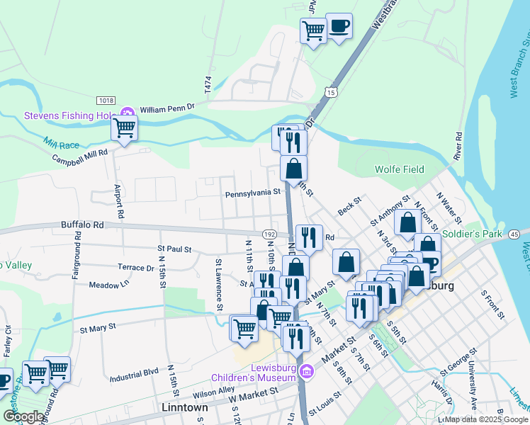 map of restaurants, bars, coffee shops, grocery stores, and more near 501 Matlack Avenue in Lewisburg