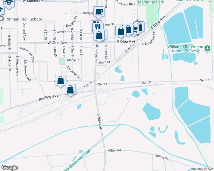 map of restaurants, bars, coffee shops, grocery stores, and more near 50 Salt Street in Rittman