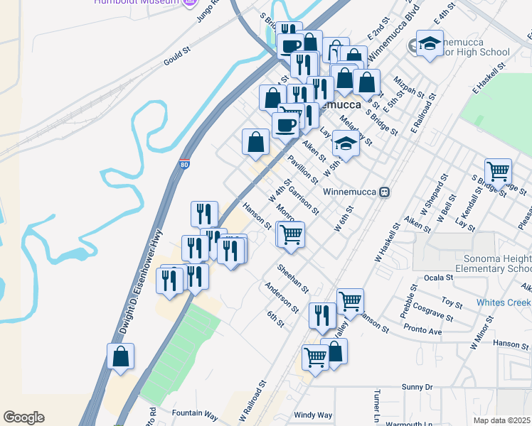 map of restaurants, bars, coffee shops, grocery stores, and more near 637 West 4th Street in Winnemucca