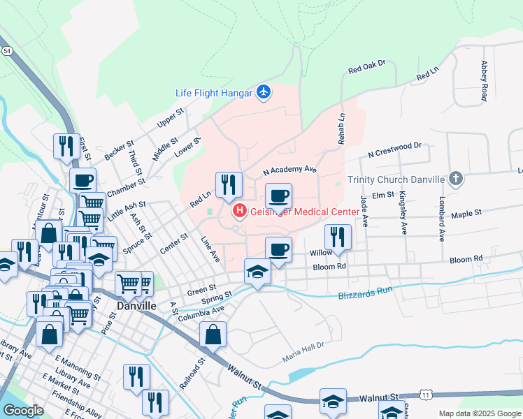 map of restaurants, bars, coffee shops, grocery stores, and more near 100 North Academy Avenue in Danville