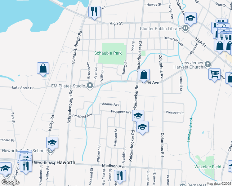 map of restaurants, bars, coffee shops, grocery stores, and more near 70 Oak Street in Closter